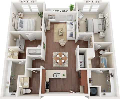 Floor plan for 2 beds, 2.5 baths, 1183 sqft